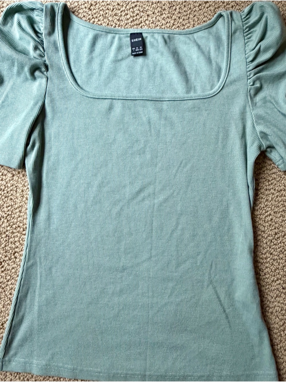 SHEIN Light Sage Square Neck Ribbed Puff Sleeve Tee